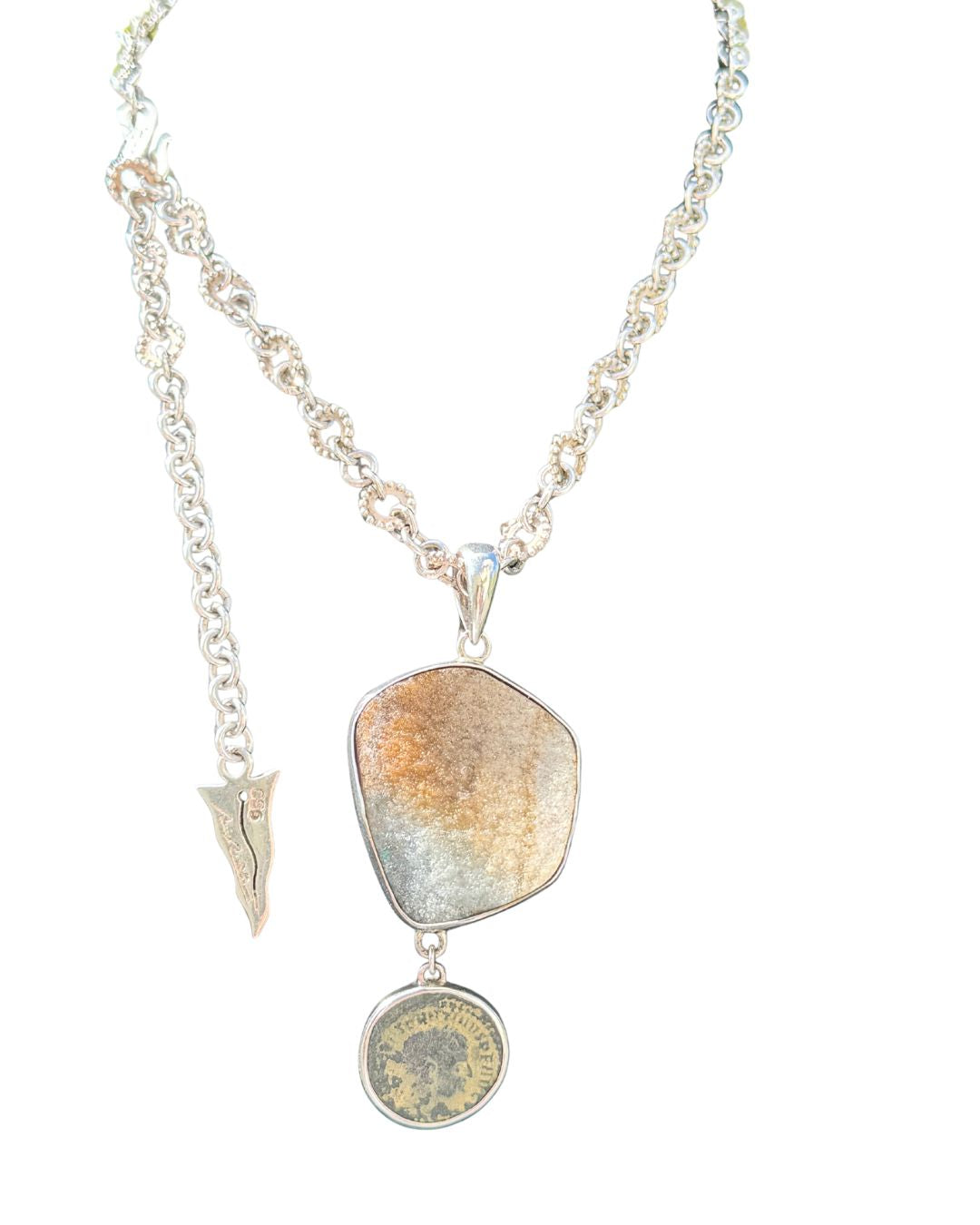 Barry Brinker Artisan 950 Silver Stone Slice & Ancient Coin Pendant Necklace- One-of-a-Kind
