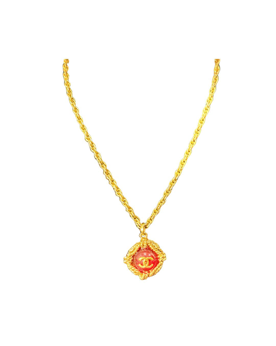 Vintage Chanel Red Gripoix Poured Glass CC Logo Pendant Necklace – 24K Gold Plated Rope Chain