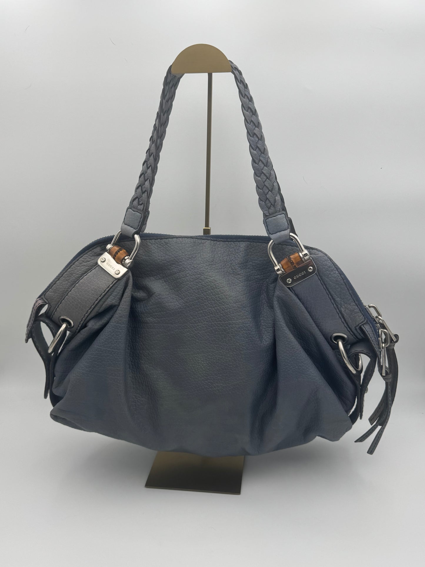 Gucci Pelham Hobo Shoulder Bag | Navy Pebbled Leather | Braided Handles | Bamboo Hardware | COA