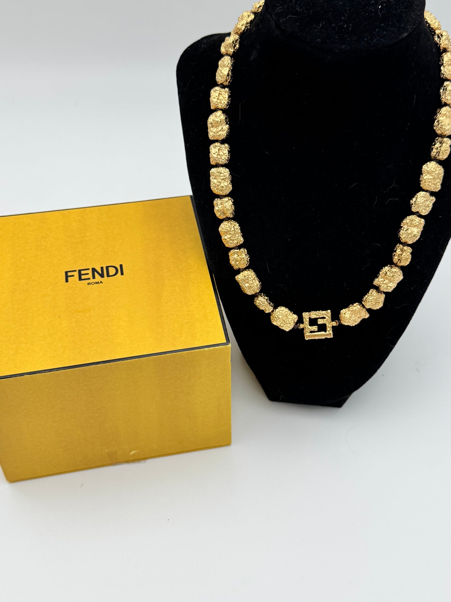 Vintage Fendi FF Zucca Logo Collar Necklace | Yellow Gold Plated | Original Box | Circa 1980s–90s