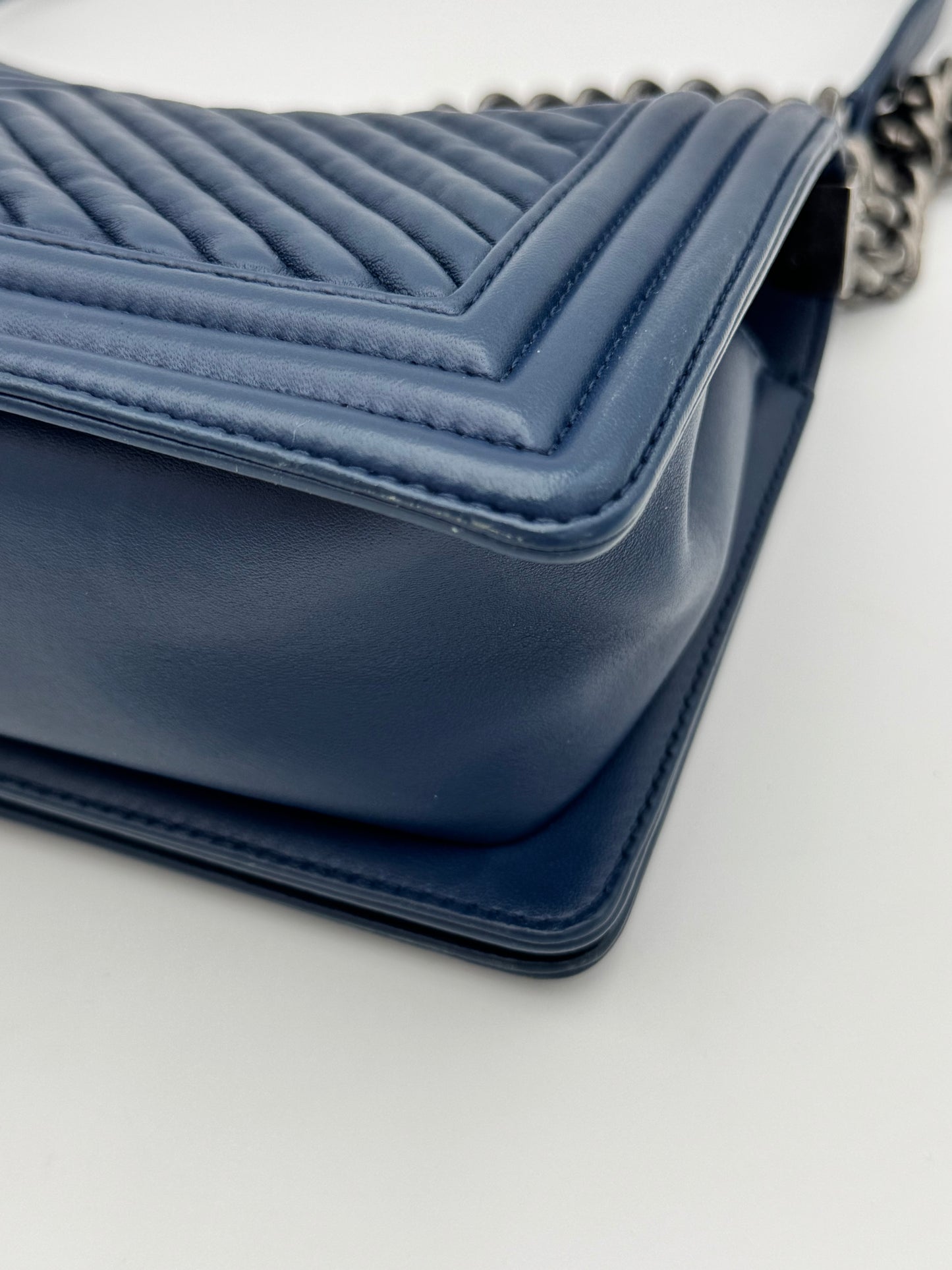Chanel Old Medium Boy Flap Bag - Navy Blue Chevron Quilted Leather with Ruthenium Hardware