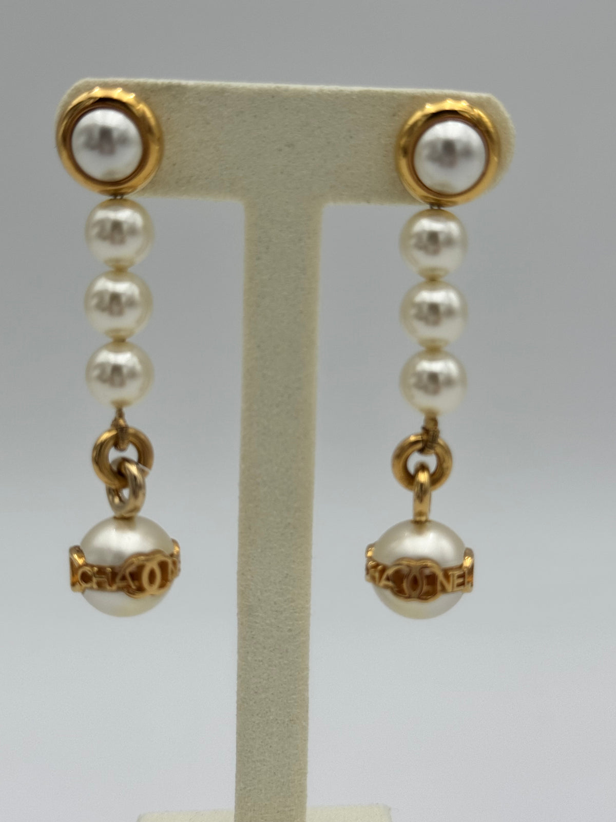 CHANEL Pearl Drop Statement Earrings – Gold Tone