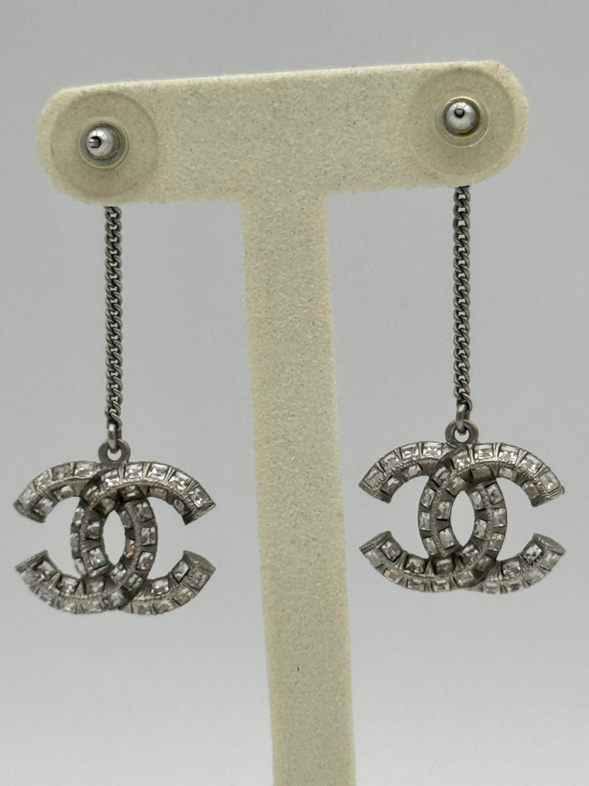 Chanel Crystal Baguette CC Chain Drop Earrings – Silver Tone
