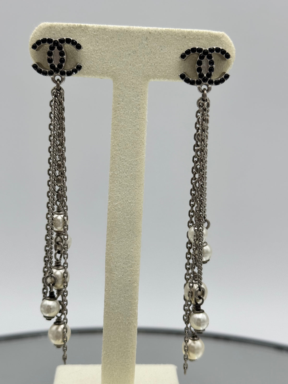 Chanel CC Strass Cascade Pearl Chain Tassel Drop Earrings – Excellent w/ Box