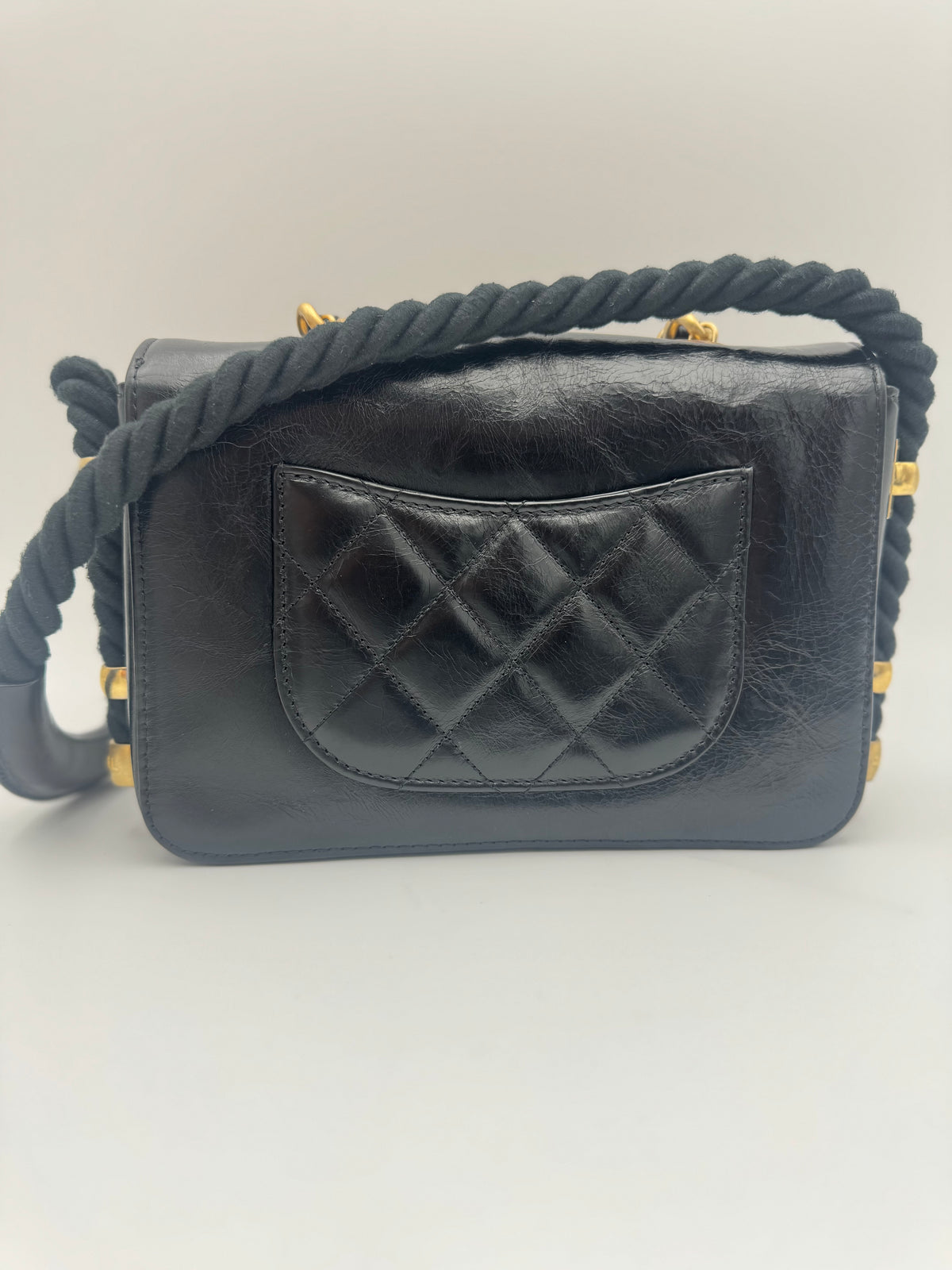 Chanel Limited Edition En Vogue Rope Flap Bag Black Crinkled Calfskin ~Very Good Condition