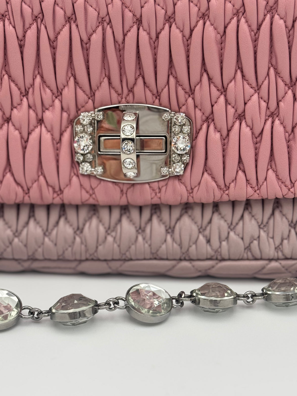 Miu Miu Bi-Color Matelassé Crystal Flap Bag Pink/Pomice – Excellent Condition