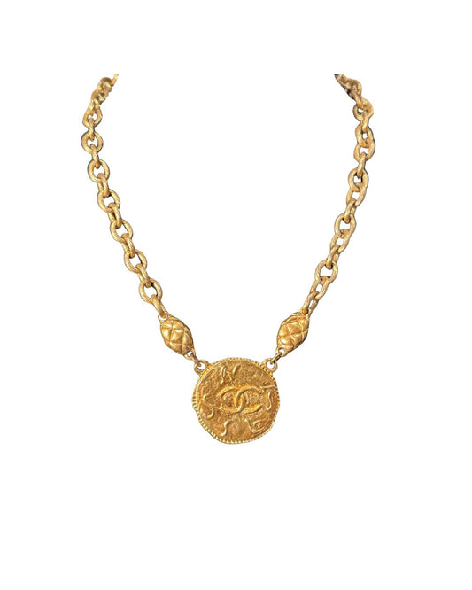 Vintage Chanel CC Medallion Hammered Coin Pendant Necklace with Quilted Stations (Circa 1980s-90s)