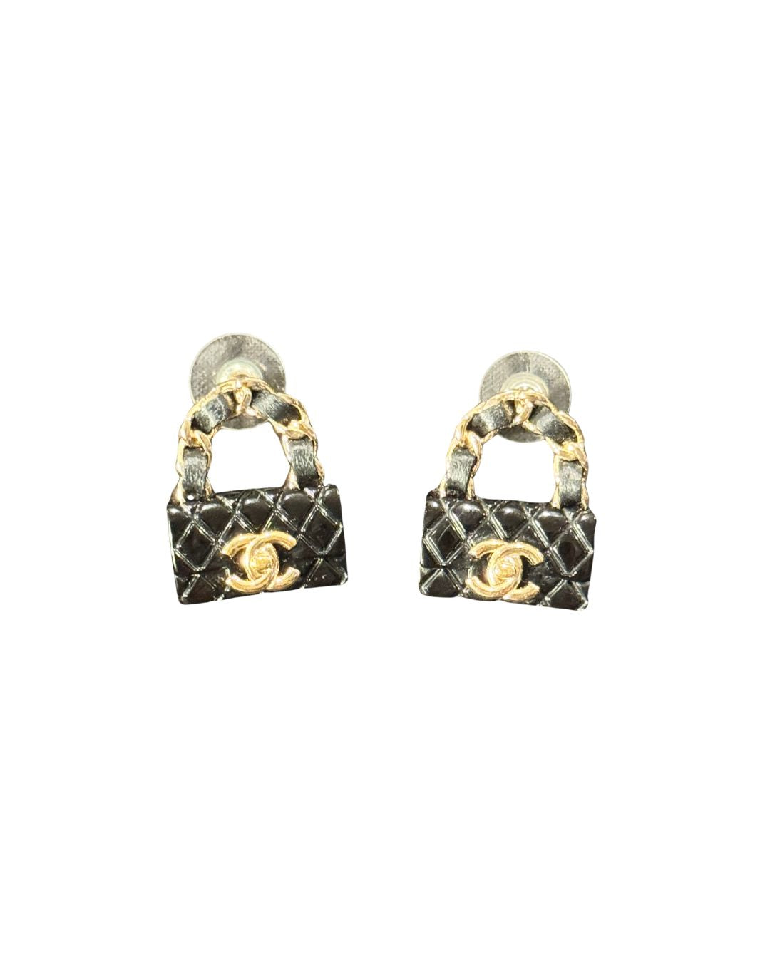 RARE Chanel 2023 Leather &amp; Resin CC Quilted Flap Purse Drop Earrings – Black/Gold