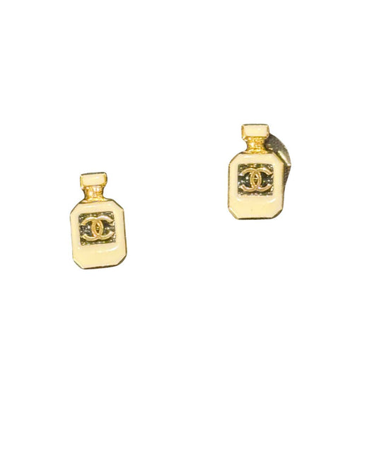 NIB Chanel CC Perfume Bottle Enamel Stud Earrings - Gold/Cream