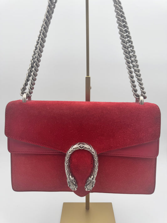 Gucci Dionysus Medium Shoulder Bag — Red Suede & Antique Silver Hardware