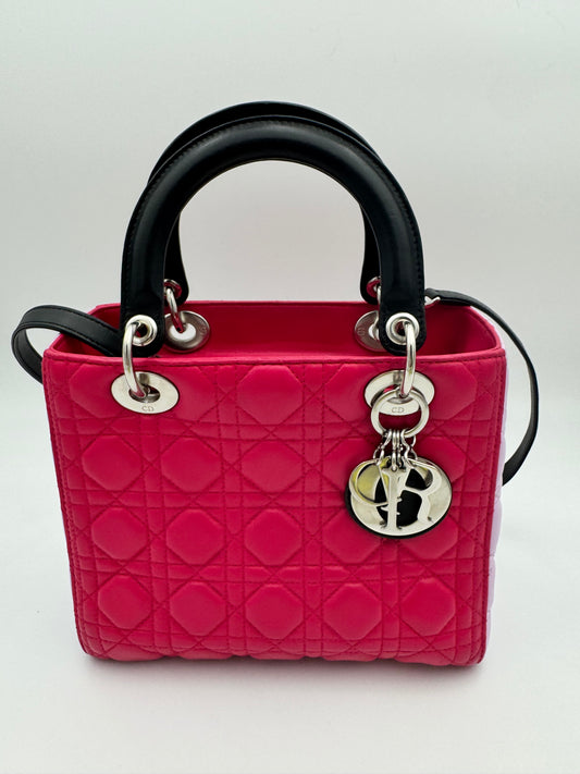 Christian Dior Lady Dior Medium | Fuchsia Lambskin & Black Handles | Silver Hardware