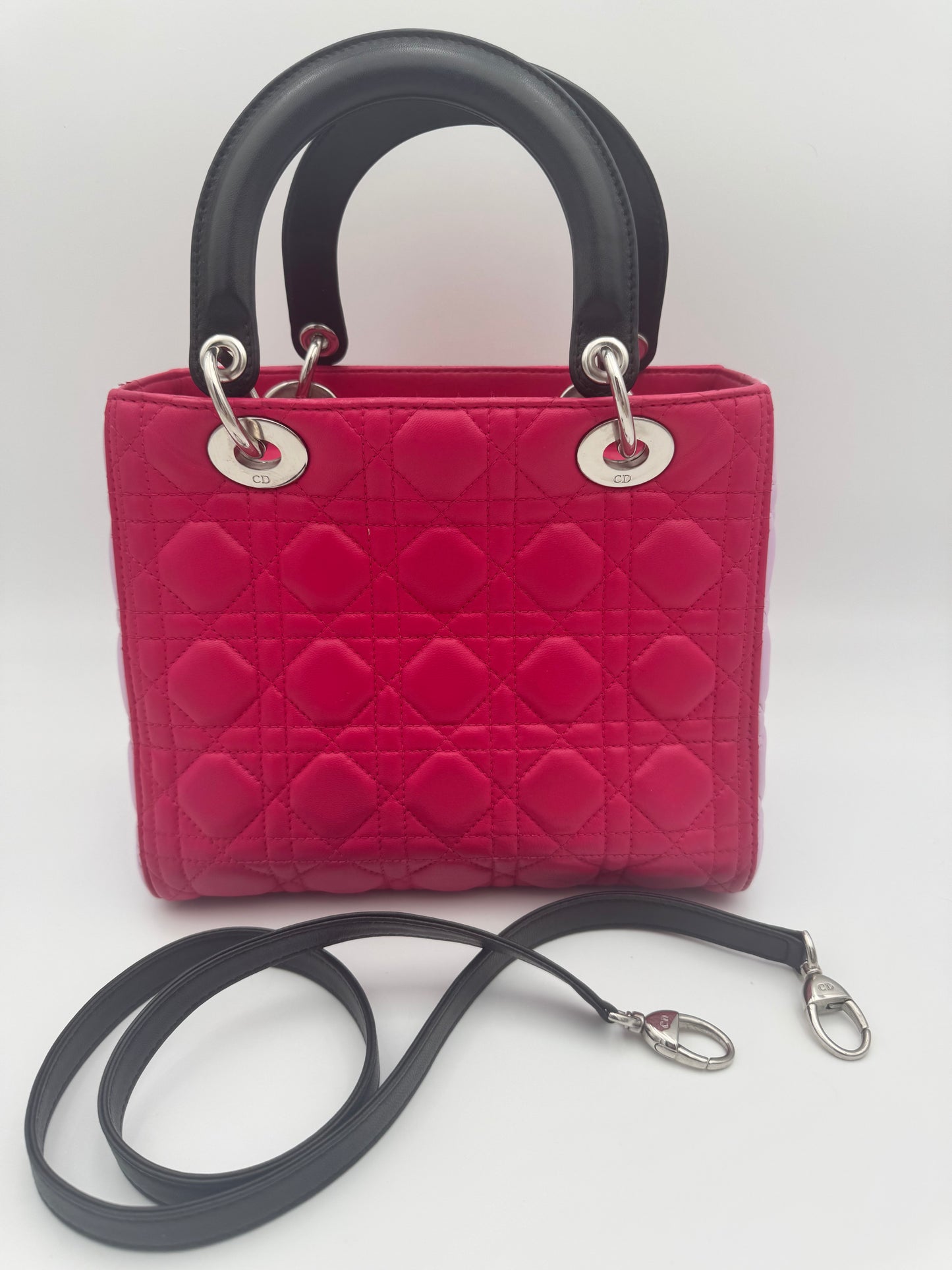 Christian Dior Lady Dior Medium | Fuchsia Lambskin & Black Handles | Silver Hardware
