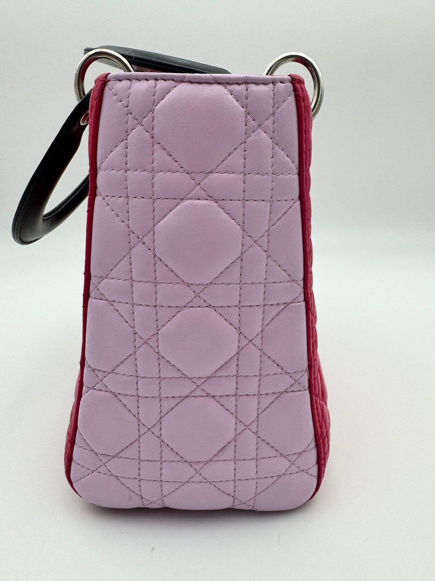 Christian Dior Lady Dior Medium | Fuchsia Lambskin & Black Handles | Silver Hardware