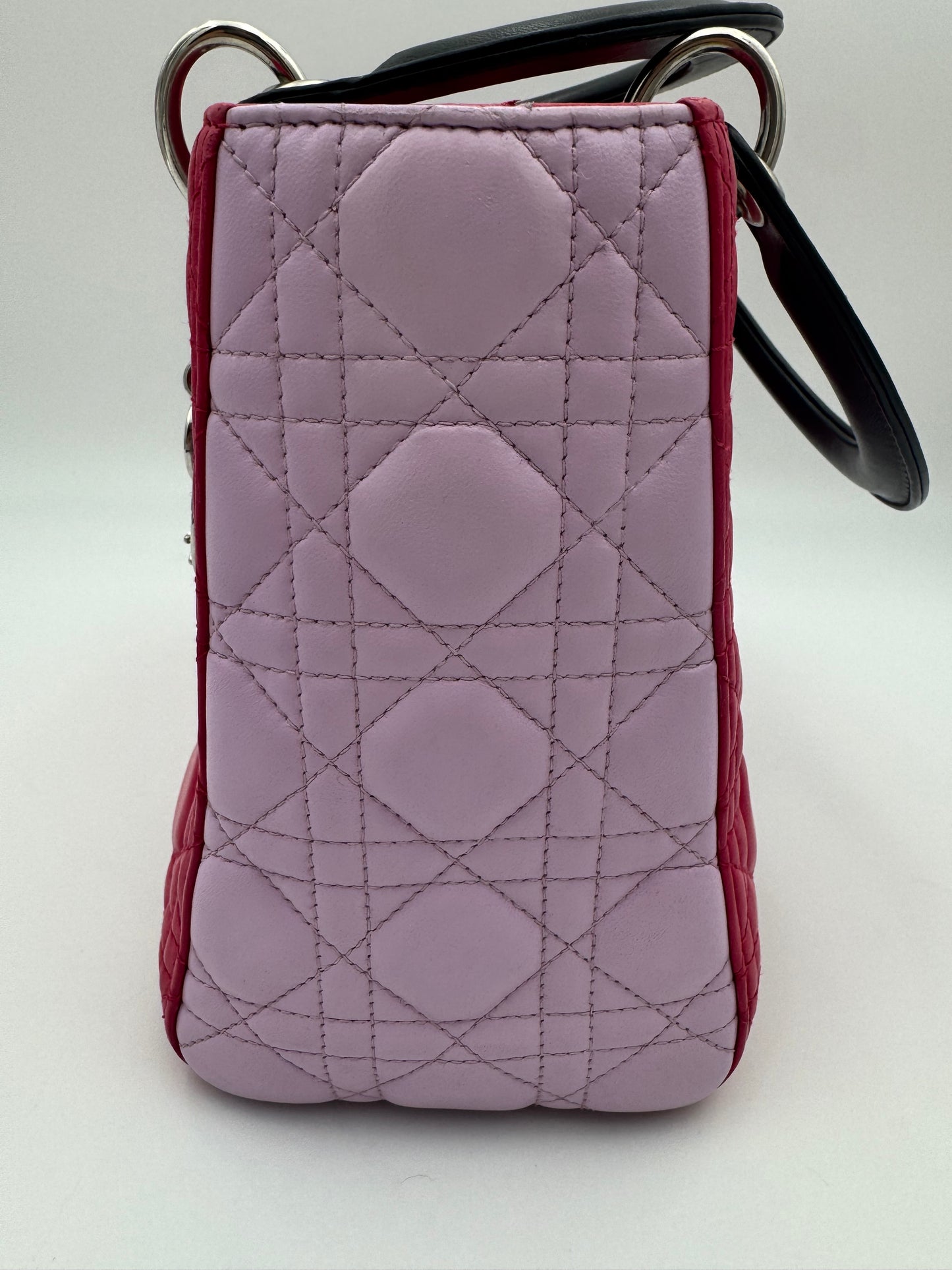 Christian Dior Lady Dior Medium | Fuchsia Lambskin & Black Handles | Silver Hardware