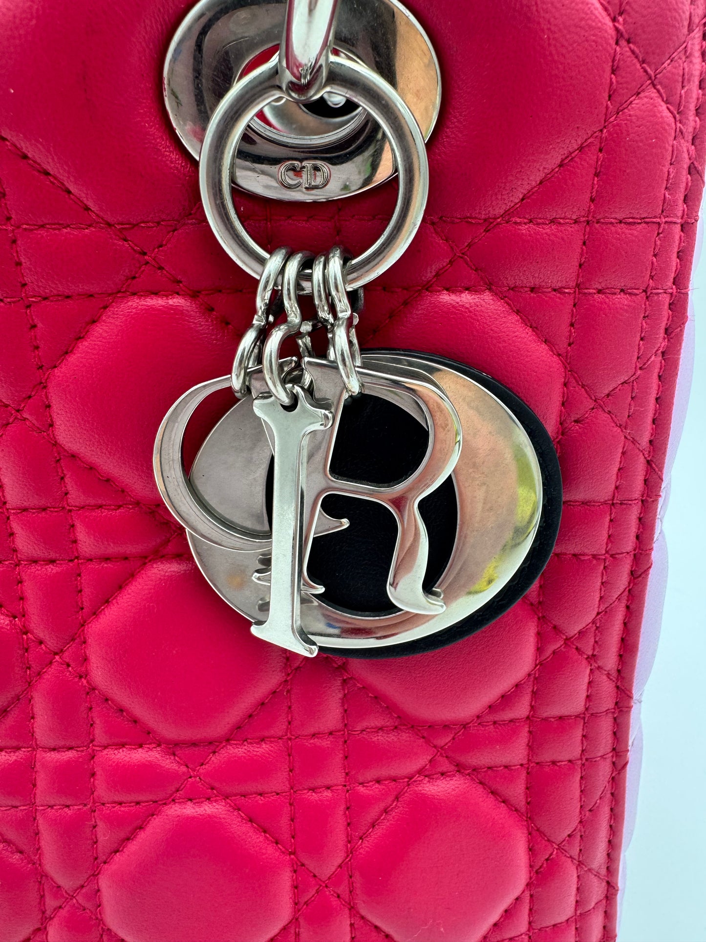 Christian Dior Lady Dior Medium | Fuchsia Lambskin & Black Handles | Silver Hardware