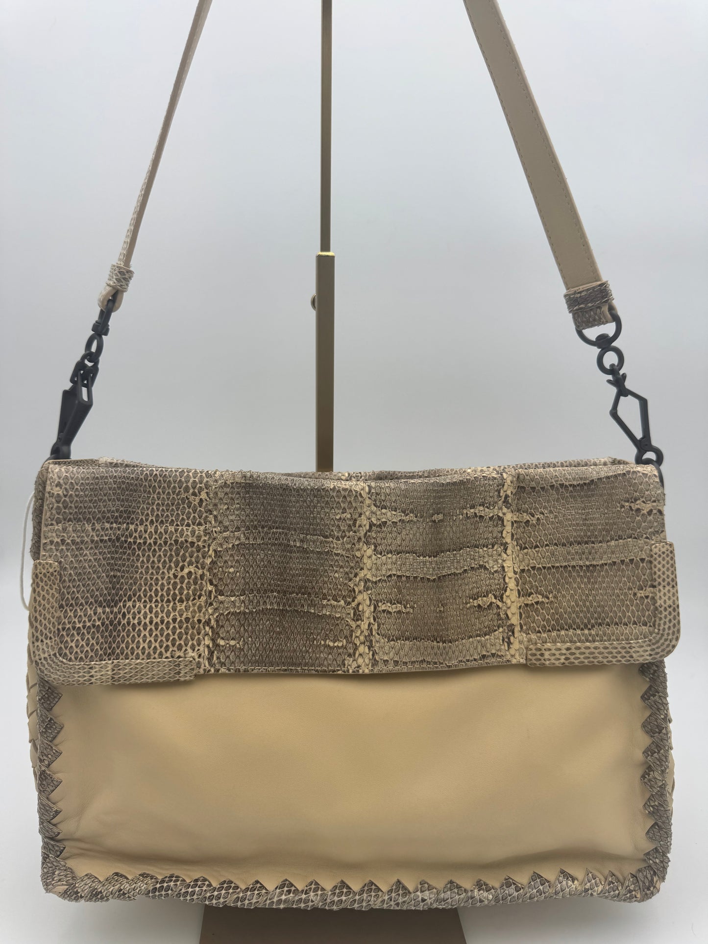 Bottega Veneta Python & Leather Flap Shoulder Bag — Beige | Exotic | Matte Black Hardware