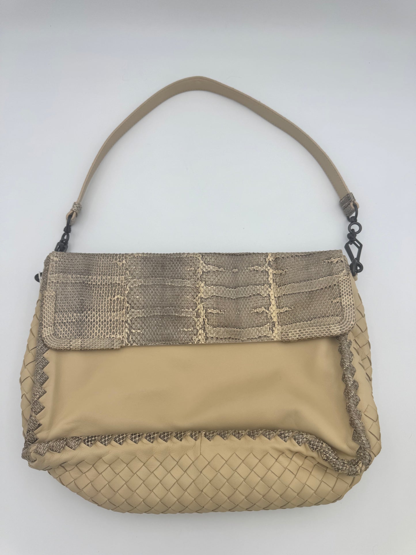 Bottega Veneta Python & Leather Flap Shoulder Bag — Beige | Exotic | Matte Black Hardware