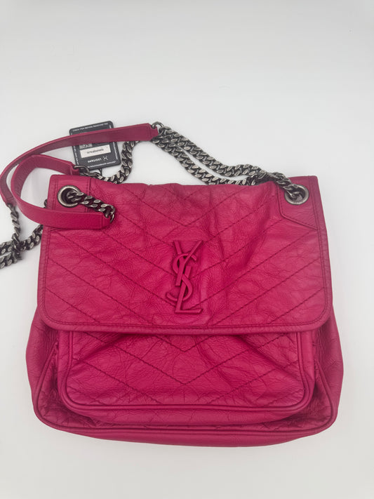 Saint Laurent Niki Medium Shoulder Bag | Fuchsia Crinkled Leather | Ruthenium Chain | COA