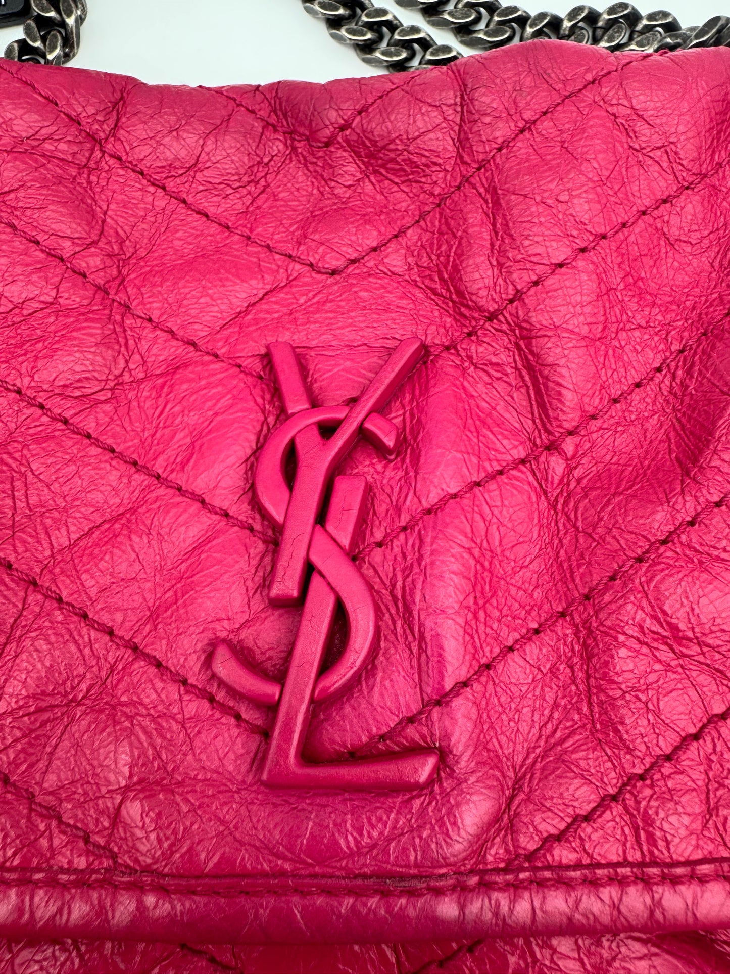 Saint Laurent Niki Medium Shoulder Bag | Fuchsia Crinkled Leather | Ruthenium Chain | COA