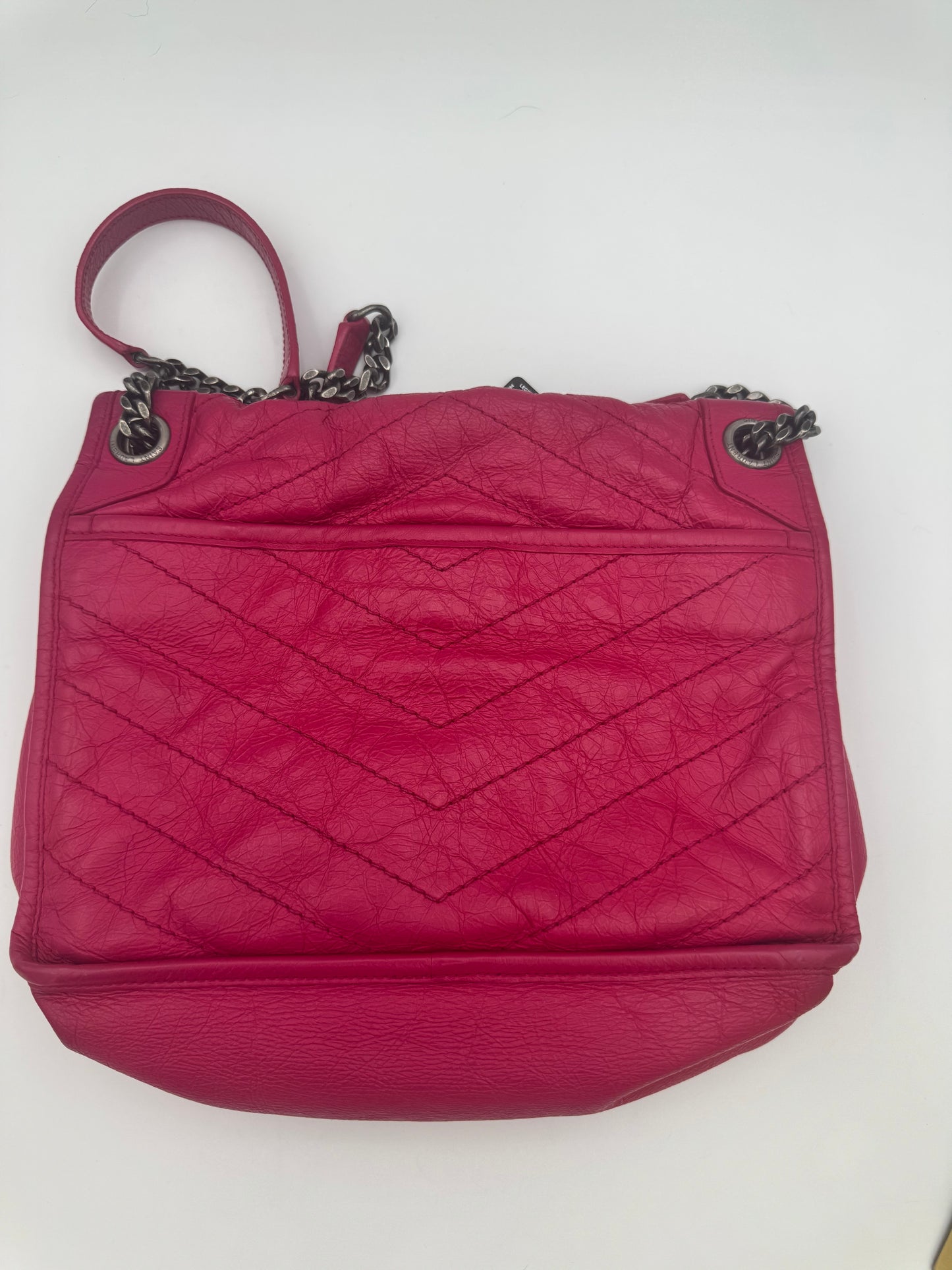 Saint Laurent Niki Medium Shoulder Bag | Fuchsia Crinkled Leather | Ruthenium Chain | COA