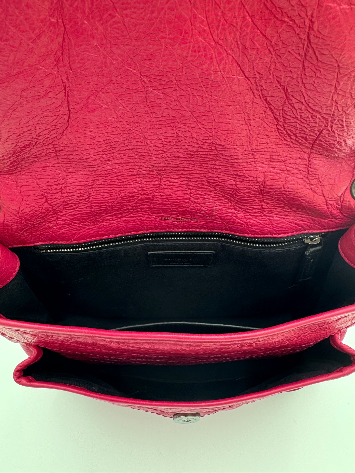Saint Laurent Niki Medium Shoulder Bag | Fuchsia Crinkled Leather | Ruthenium Chain | COA
