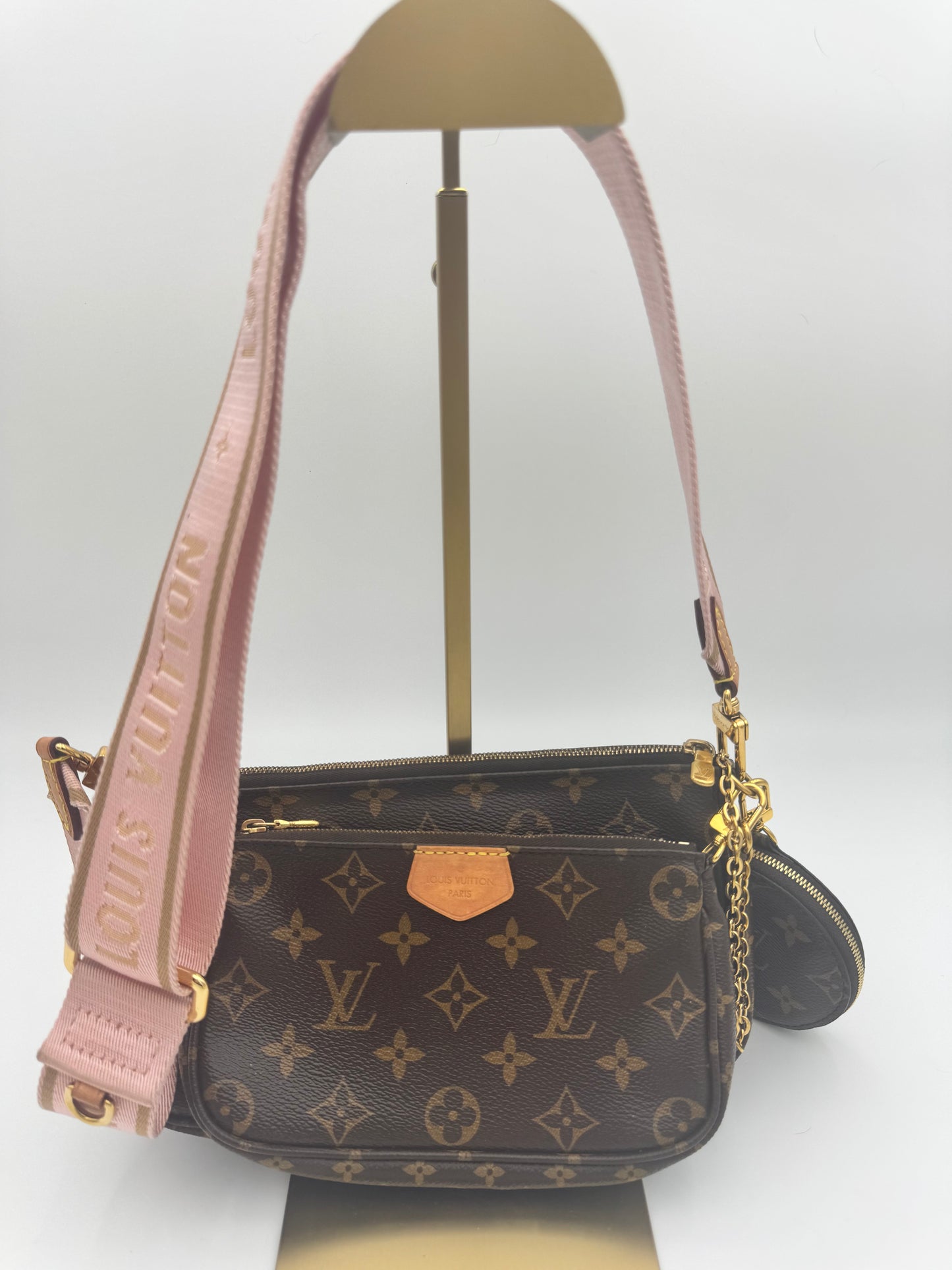 Louis Vuitton Multi Pochette Accessoires – Monogram Canvas & Rose Pink Strap with Coin Purse | Authentic LV