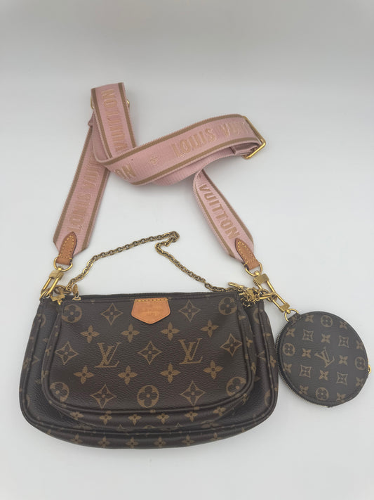 Louis Vuitton Multi Pochette Accessoires – Monogram Canvas & Rose Pink Strap with Coin Purse | Authentic LV