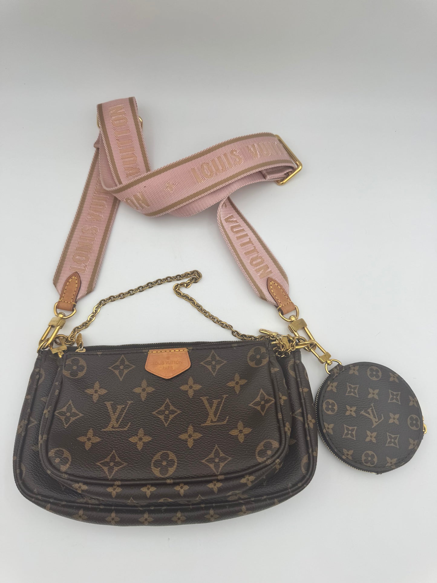 Louis Vuitton Multi Pochette Accessoires – Monogram Canvas & Rose Pink Strap with Coin Purse | Authentic LV