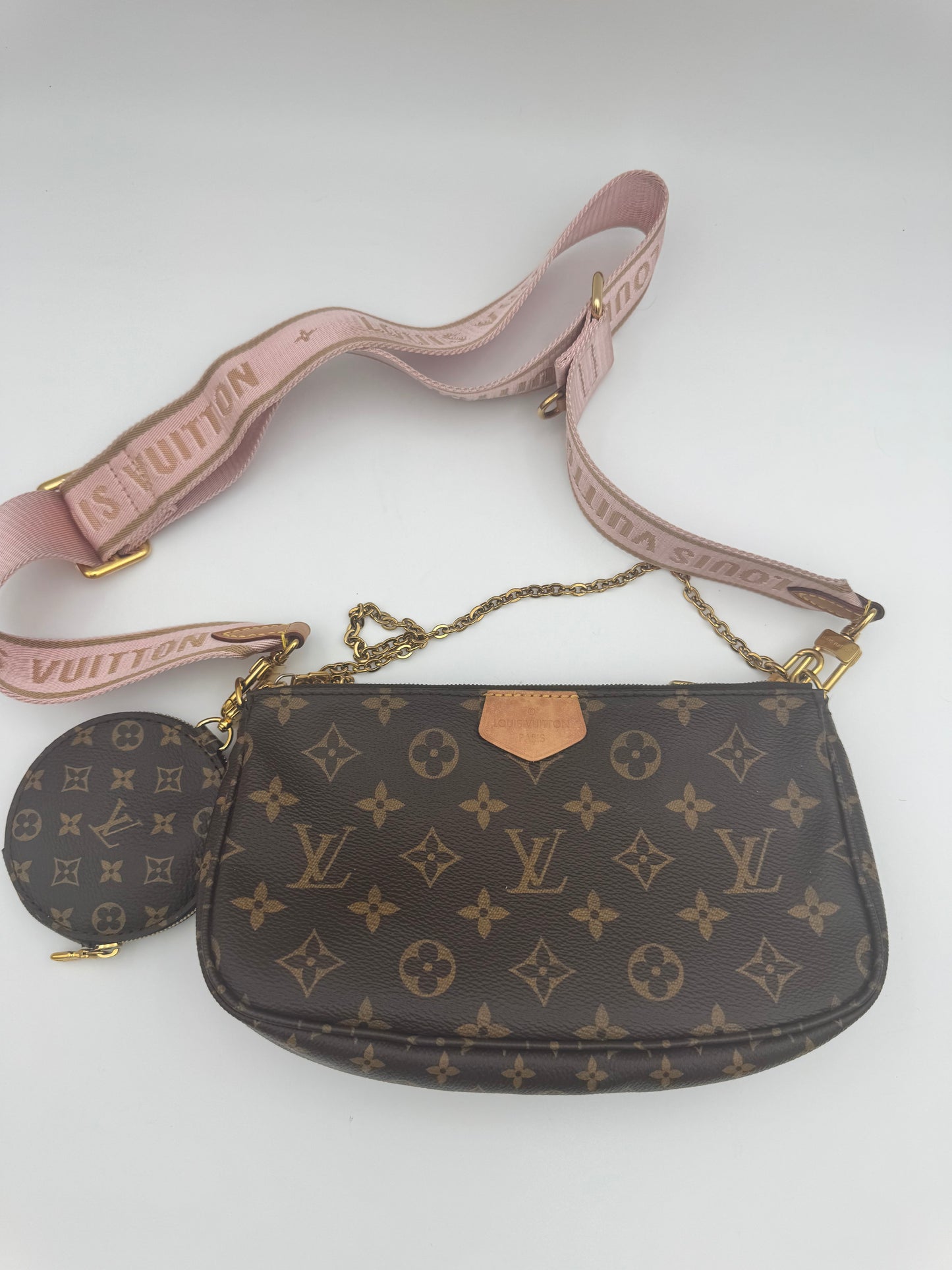 Louis Vuitton Multi Pochette Accessoires – Monogram Canvas & Rose Pink Strap with Coin Purse | Authentic LV