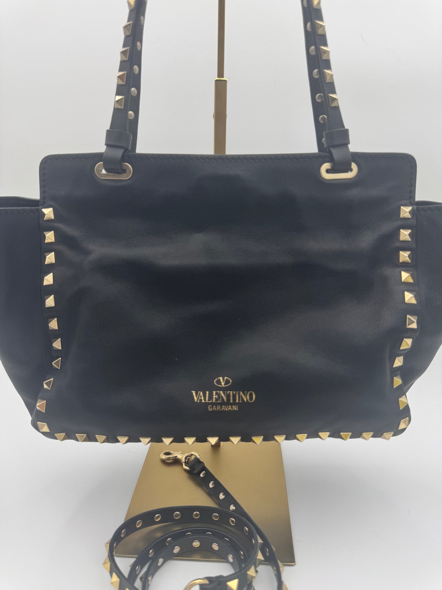 Valentino Garavani Rockstud Tote Bag | Black Leather | Gold Pyramid Studs