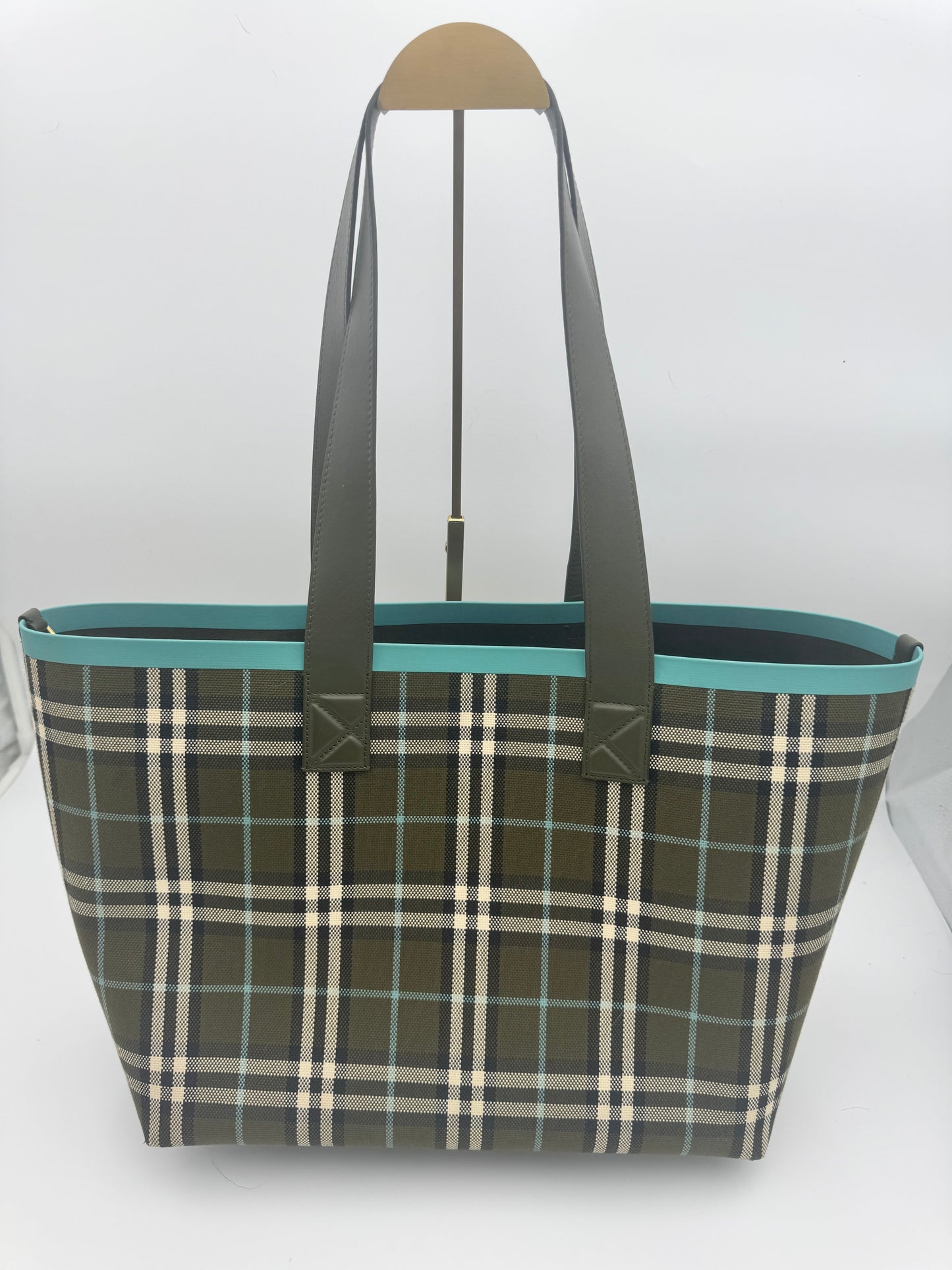 Burberry Large London Tote Bag | Dark Olive Check Canvas | Teal Trim | With Matching Pouch | Made in Italy