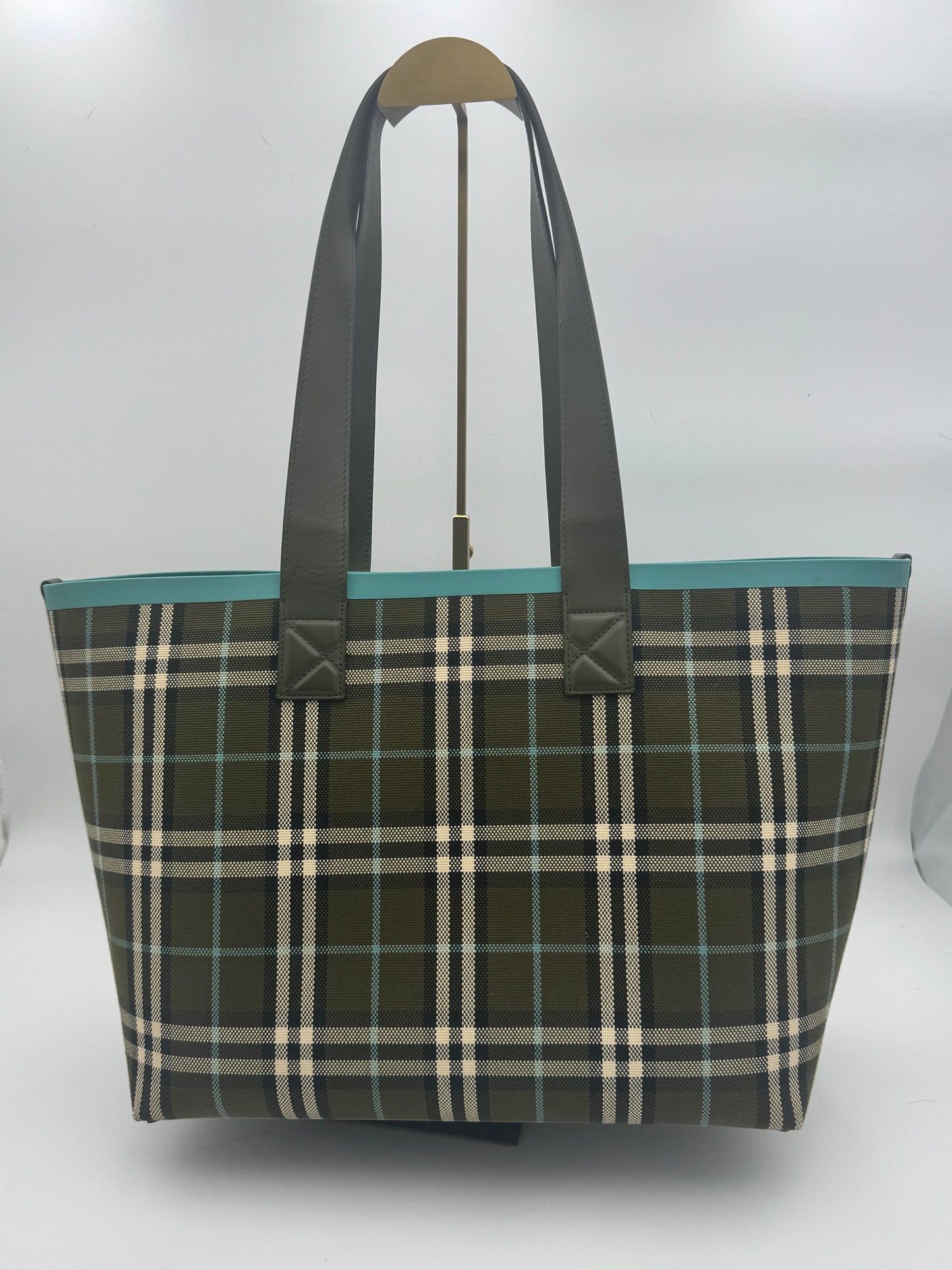 Burberry Large London Tote Bag | Dark Olive Check Canvas | Teal Trim | With Matching Pouch | Made in Italy