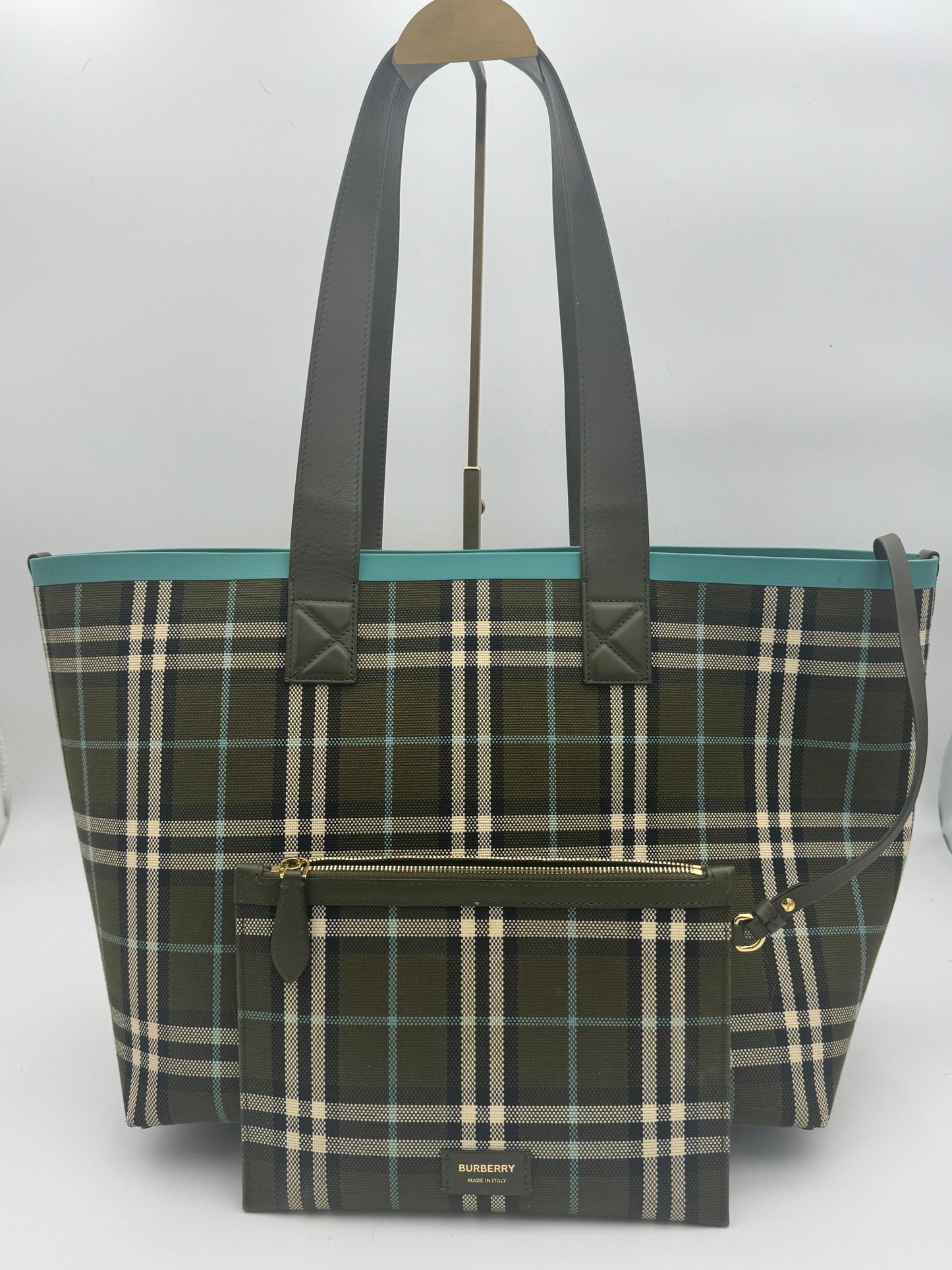 Burberry Large London Tote Bag | Dark Olive Check Canvas | Teal Trim | With Matching Pouch | Made in Italy