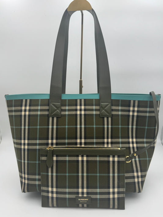 Burberry Large London Tote Bag | Dark Olive Check Canvas | Teal Trim | With Matching Pouch | Made in Italy