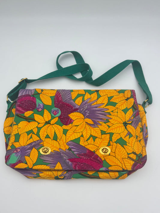 Hermès Toile Canvas Crossbody Bag — Tropical Parrot Print | Green Leather Strap | Gold Hardware