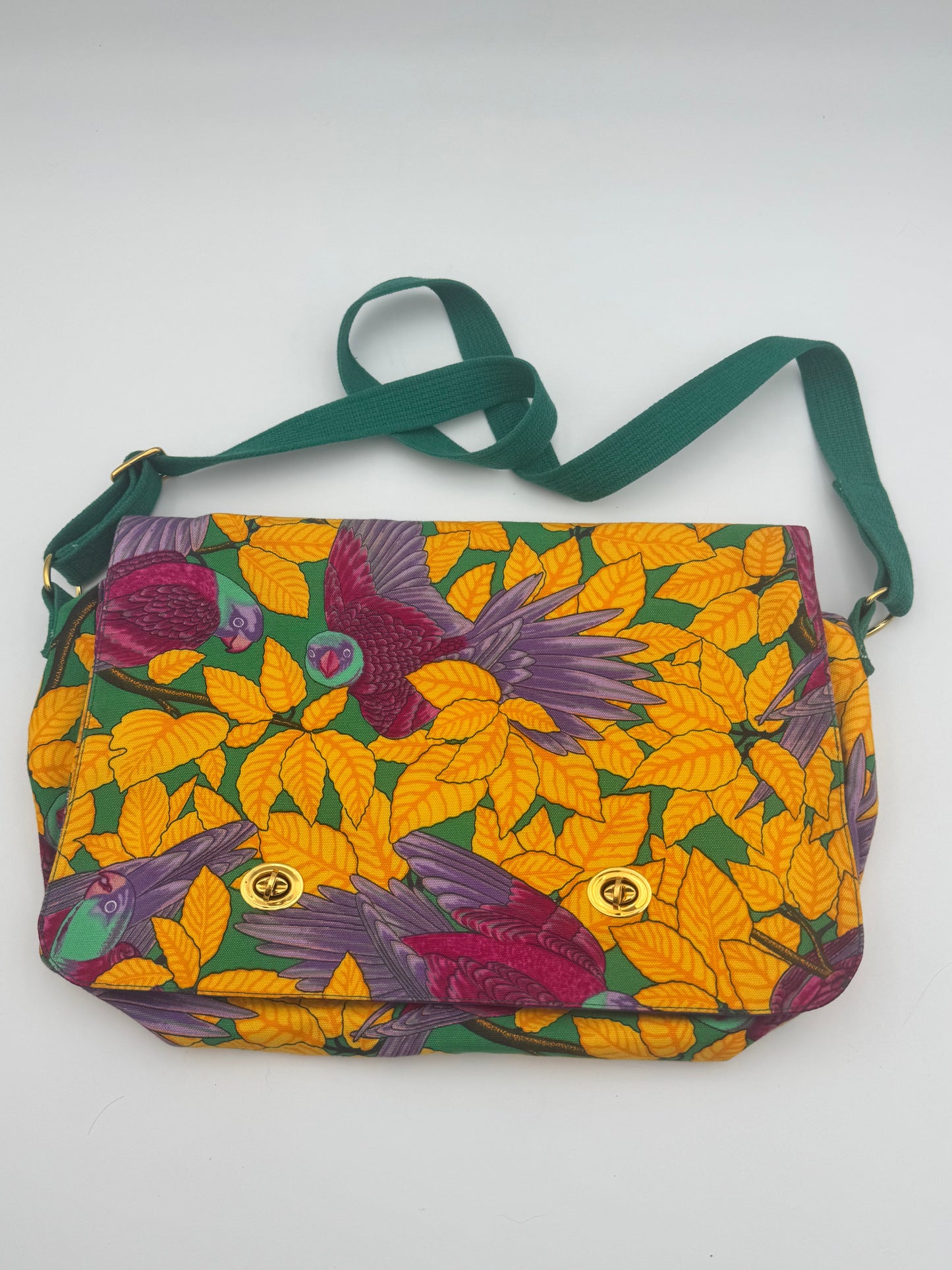 Hermès Toile Canvas Crossbody Bag — Tropical Parrot Print | Green Leather Strap | Gold Hardware