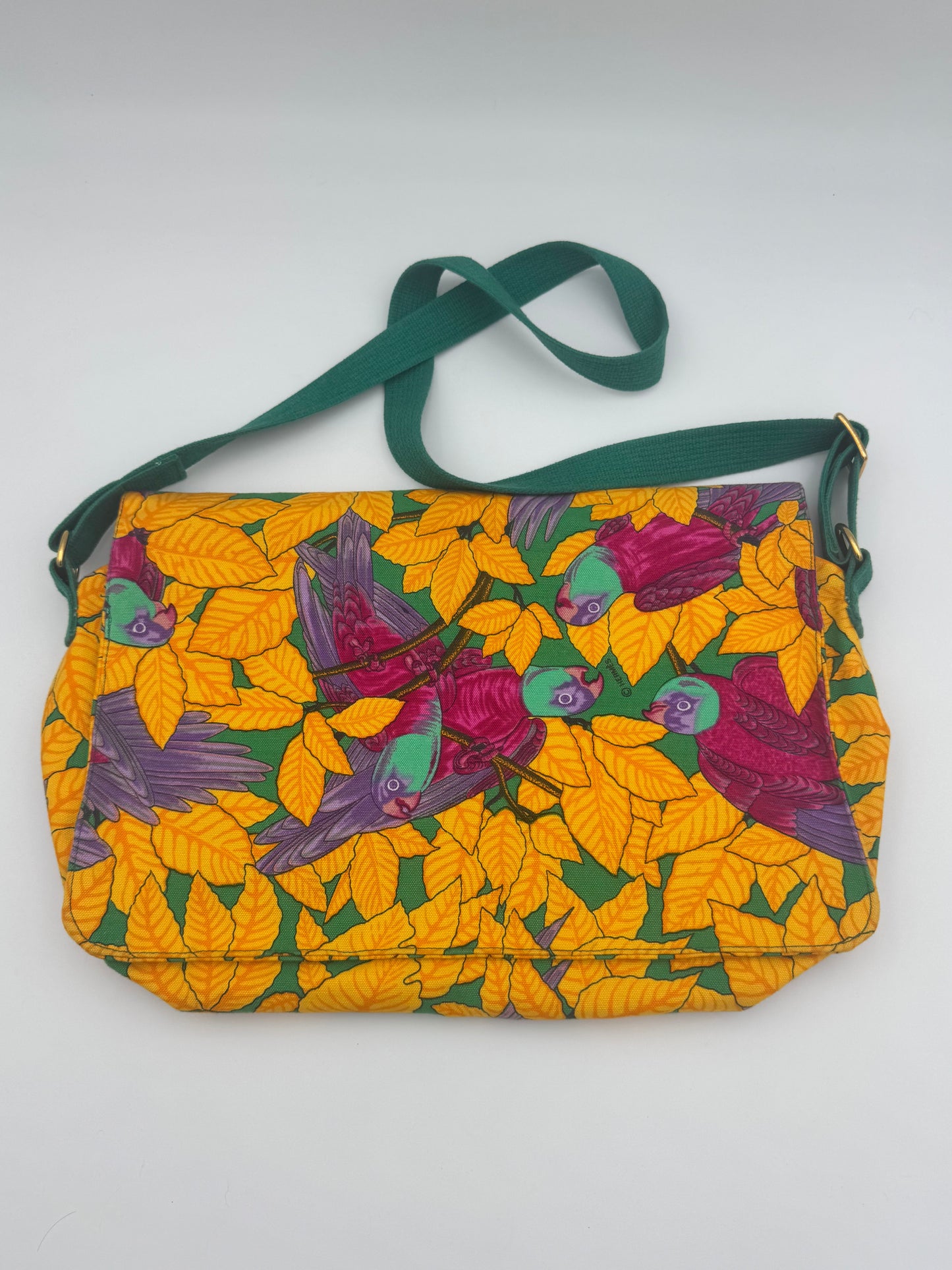 Hermès Toile Canvas Crossbody Bag — Tropical Parrot Print | Green Leather Strap | Gold Hardware