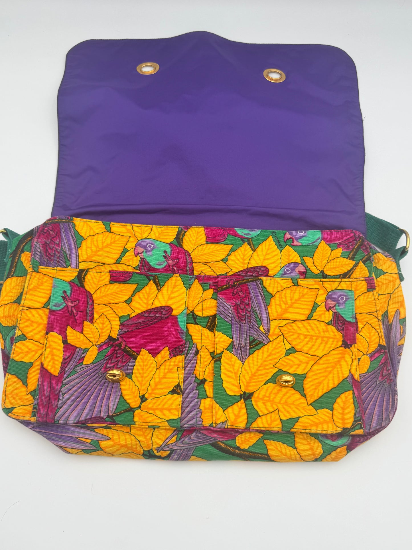 Hermès Toile Canvas Crossbody Bag — Tropical Parrot Print | Green Leather Strap | Gold Hardware