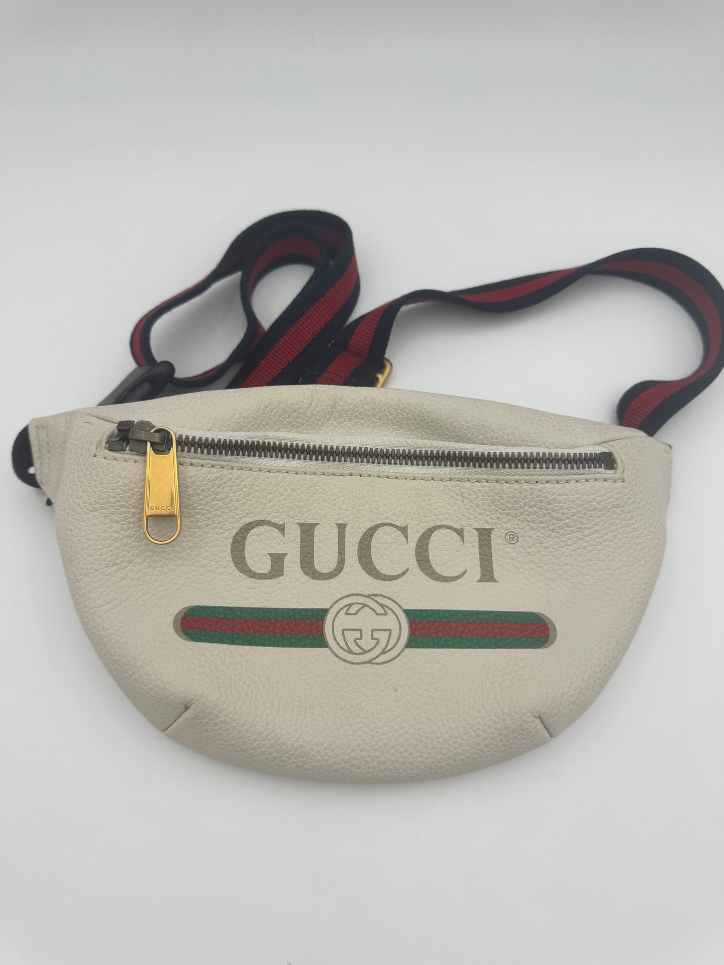 Gucci Print Small Belt Bag | Off-White Leather | Retro Logo | Web Stripe Strap | COA