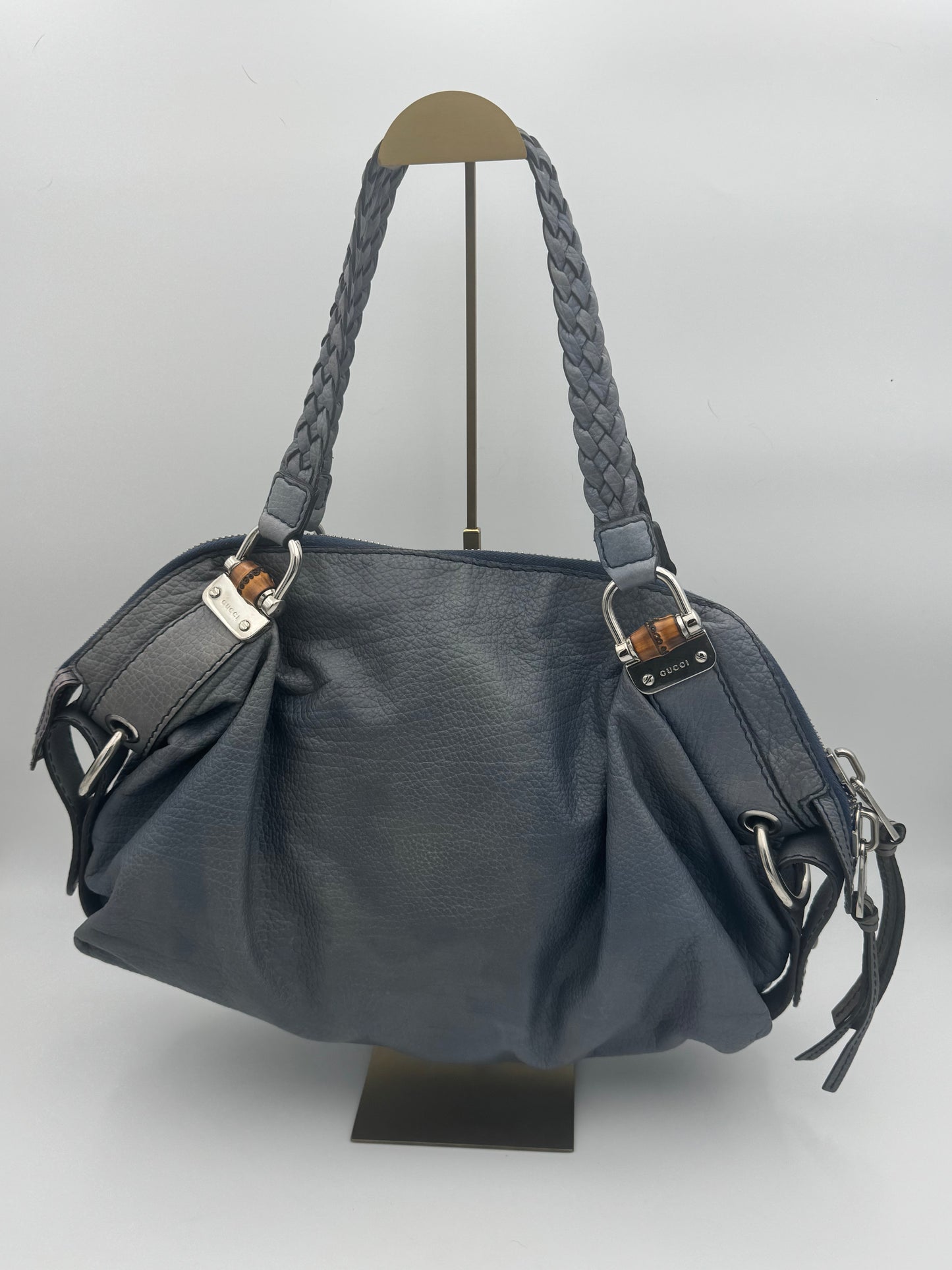 Gucci Pelham Hobo Shoulder Bag | Navy Pebbled Leather | Braided Handles | Bamboo Hardware | COA