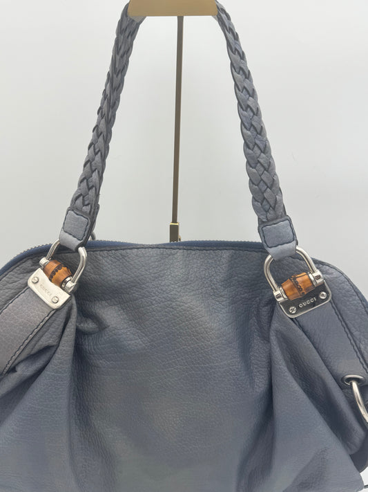 Gucci Pelham Hobo Shoulder Bag | Navy Pebbled Leather | Braided Handles | Bamboo Hardware | COA