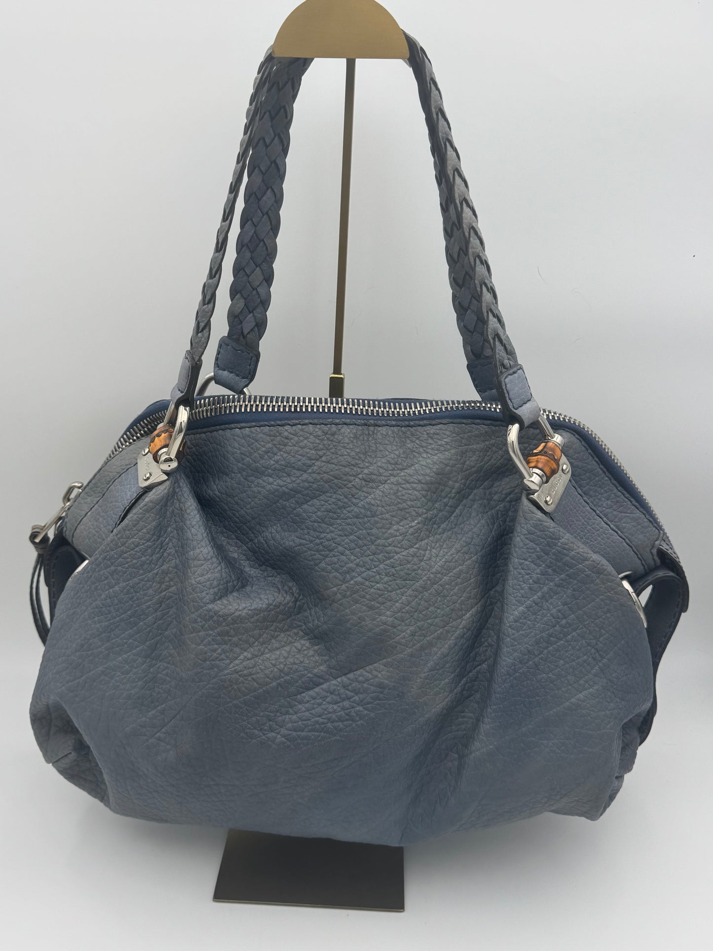 Gucci Pelham Hobo Shoulder Bag | Navy Pebbled Leather | Braided Handles | Bamboo Hardware | COA