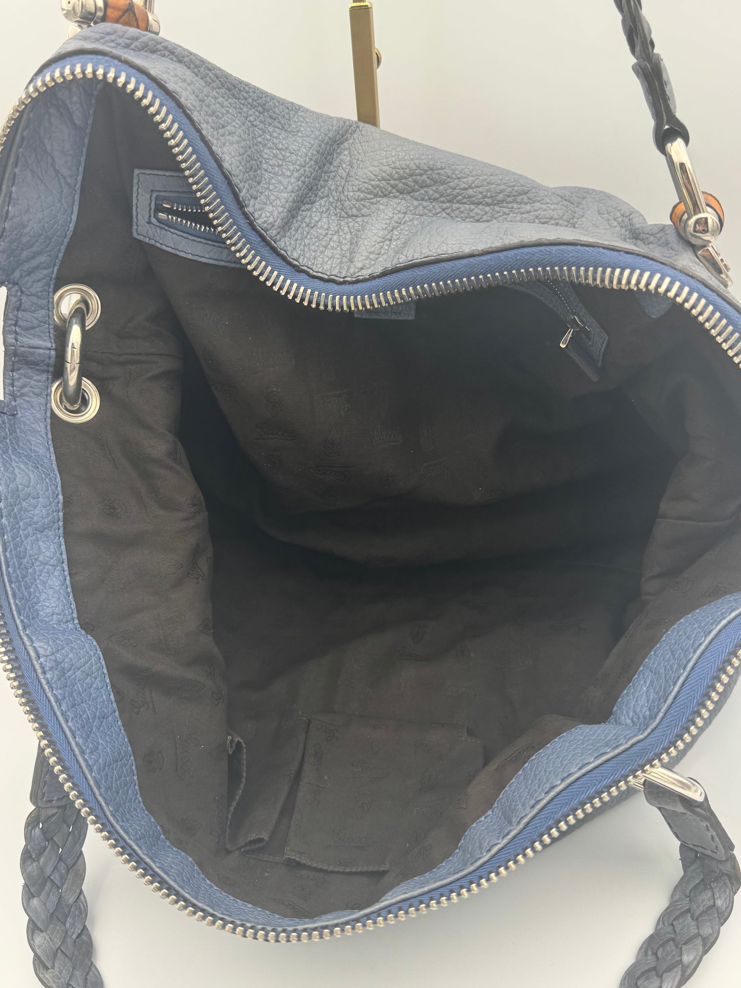 Gucci Pelham Hobo Shoulder Bag | Navy Pebbled Leather | Braided Handles | Bamboo Hardware | COA
