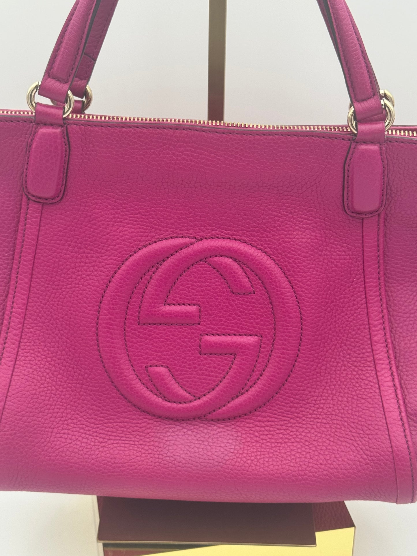 Gucci Soho Small Tote | Fuchsia Leather | Embossed GG Logo | Silver Hardware | COA