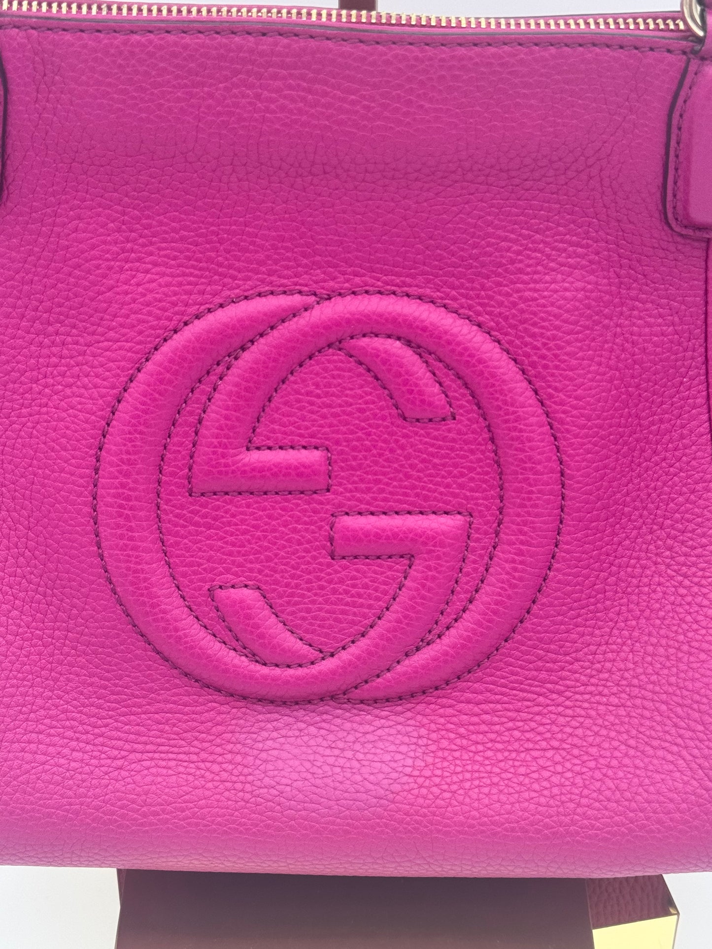 Gucci Soho Small Tote | Fuchsia Leather | Embossed GG Logo | Silver Hardware | COA