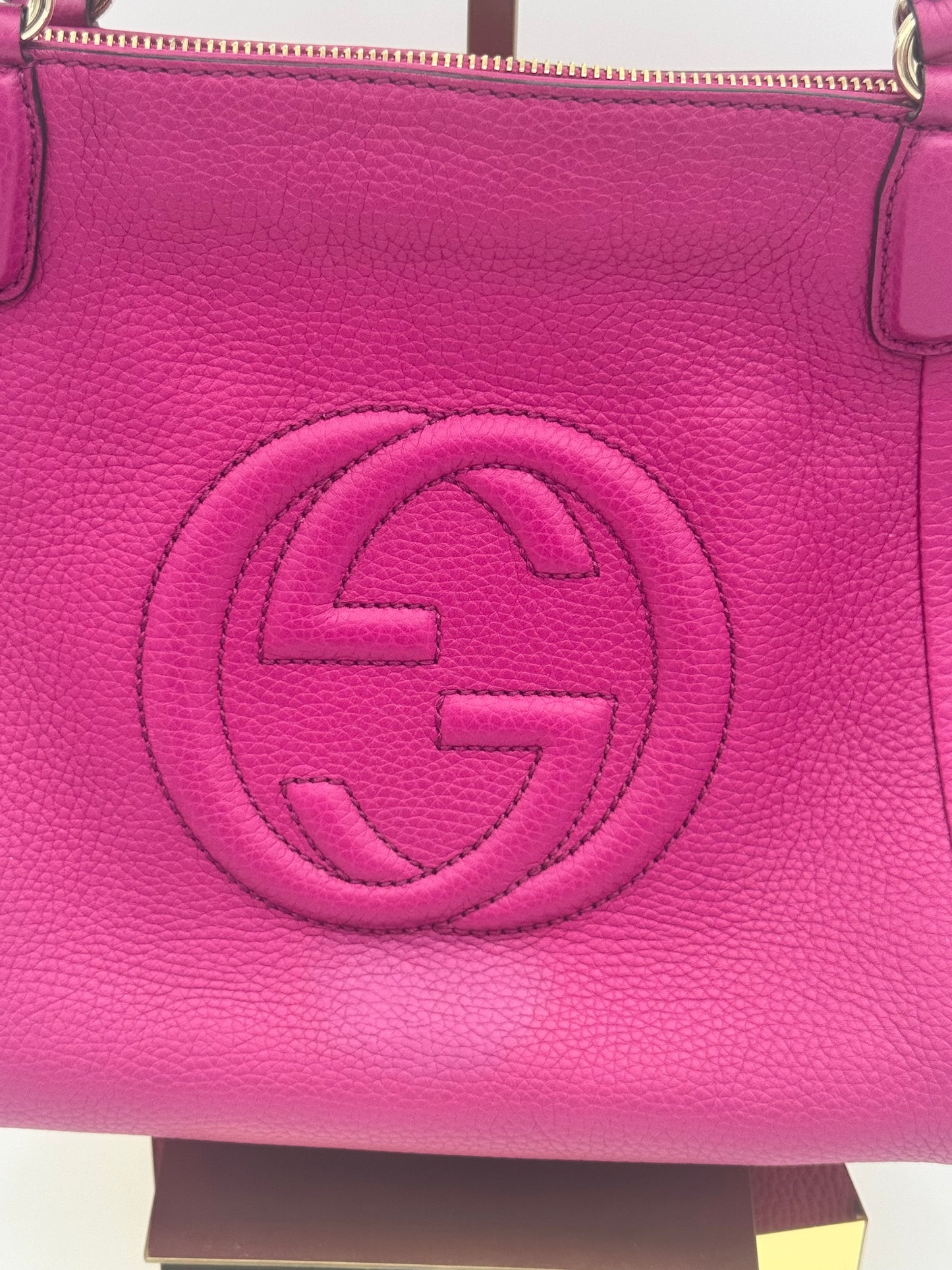 Gucci Soho Small Tote | Fuchsia Leather | Embossed GG Logo | Silver Hardware | COA