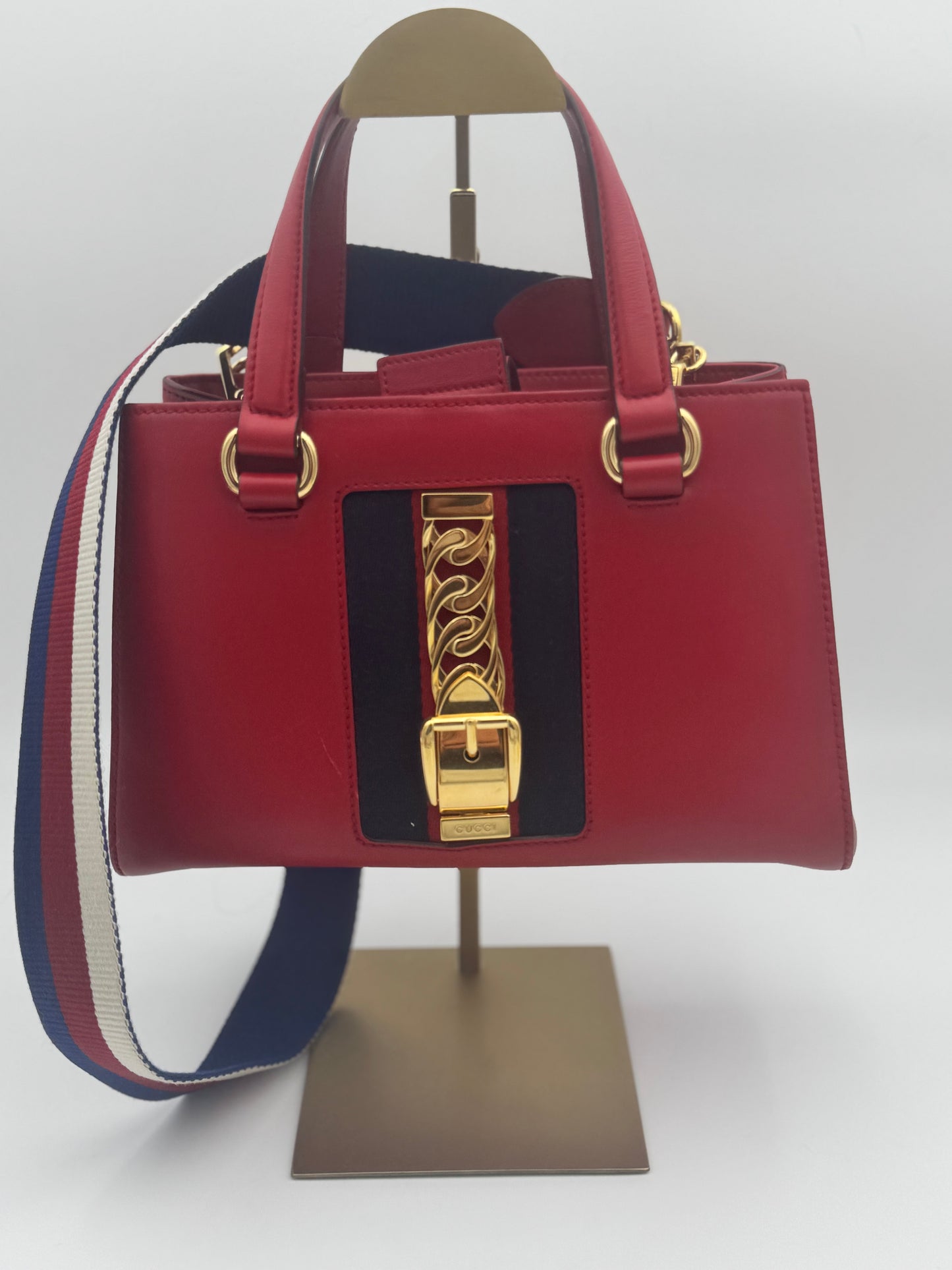 Gucci Sylvie Small Tote Bag | Red Leather | Web Stripe | Gold Chain Detail