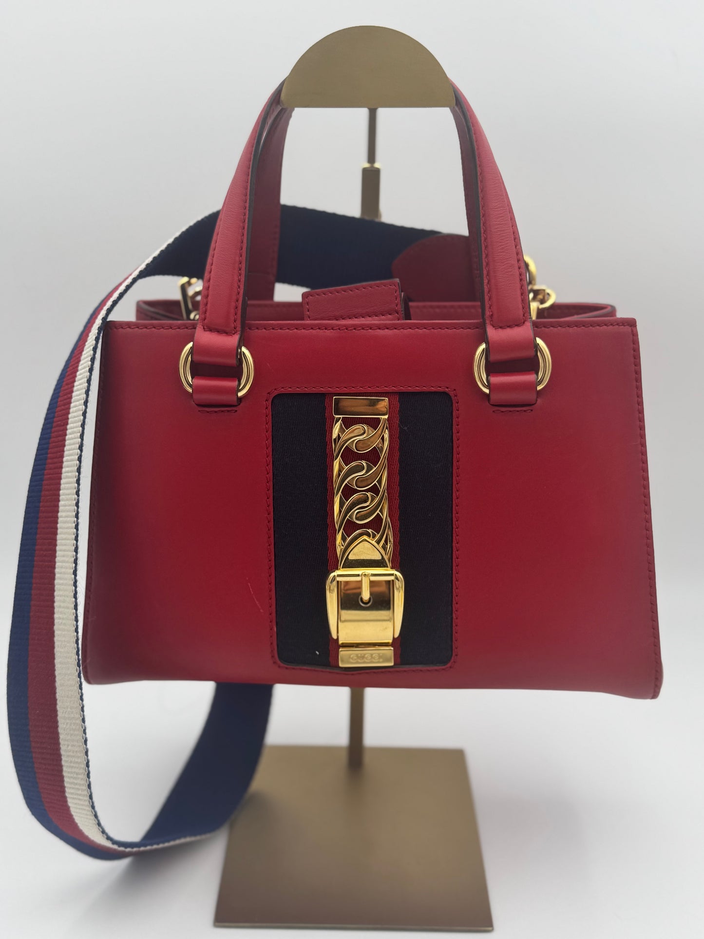 Gucci Sylvie Small Tote Bag | Red Leather | Web Stripe | Gold Chain Detail