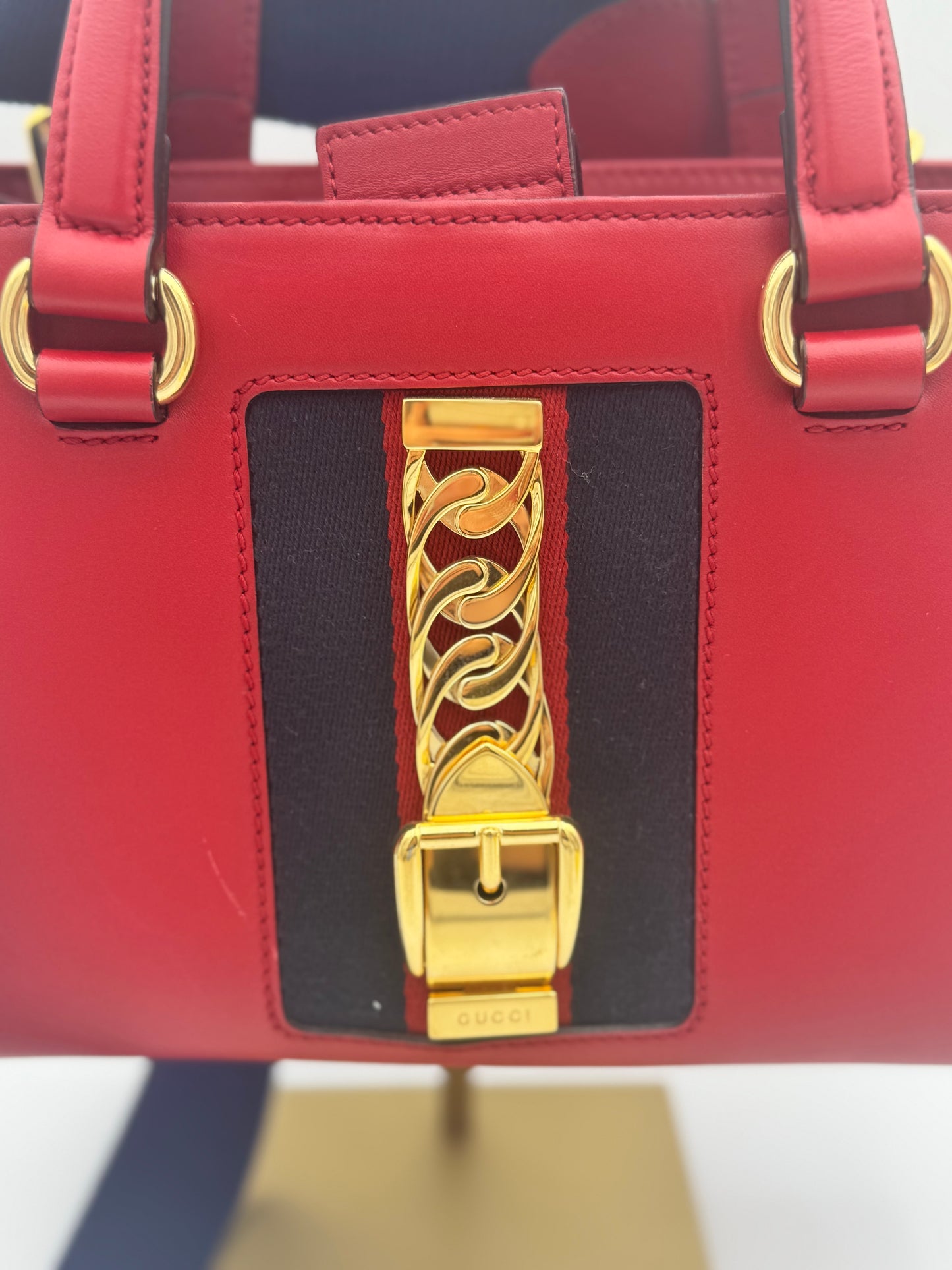 Gucci Sylvie Small Tote Bag | Red Leather | Web Stripe | Gold Chain Detail