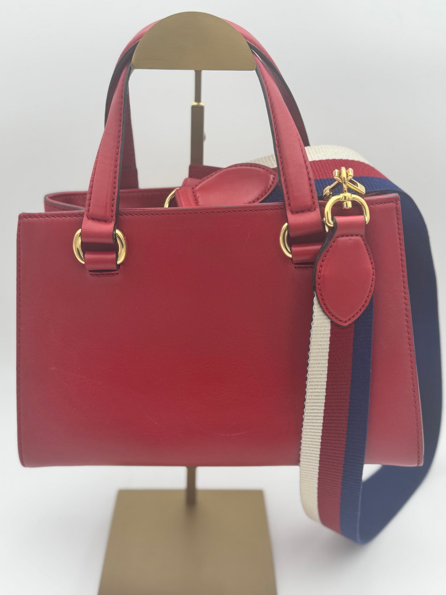Gucci Sylvie Small Tote Bag | Red Leather | Web Stripe | Gold Chain Detail